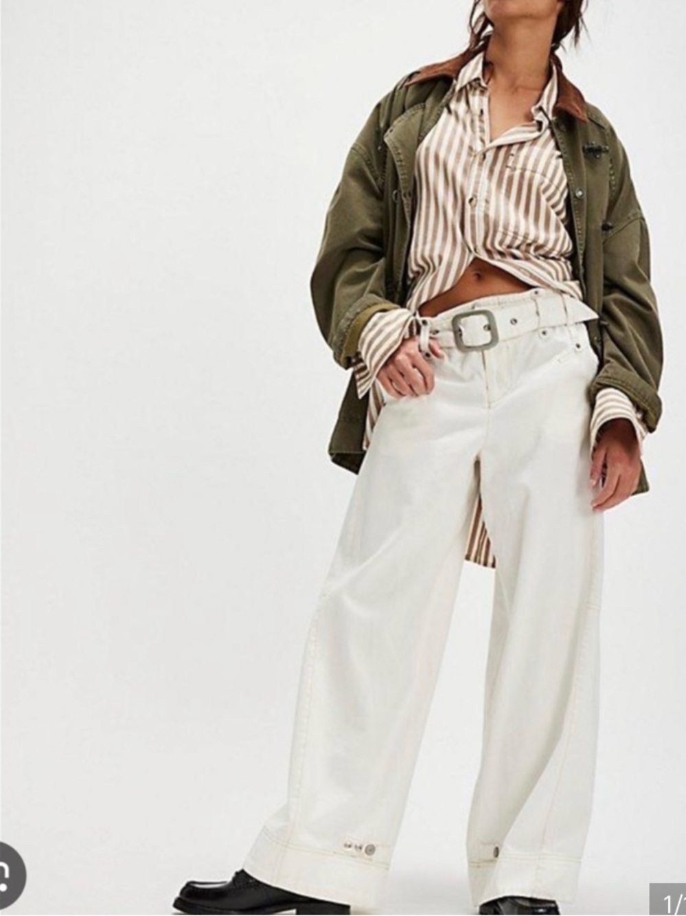 Free People White Cotton Sloane Wide Leg Belted Denim Pants Size L​